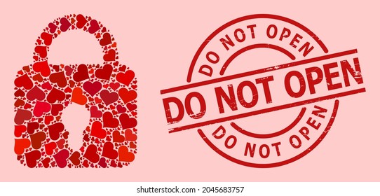 Scratched Do Not Open stamp seal, and red love heart pattern for lock. Red round stamp seal has Do Not Open title inside circle. Lock mosaic is designed of red wedding icons.