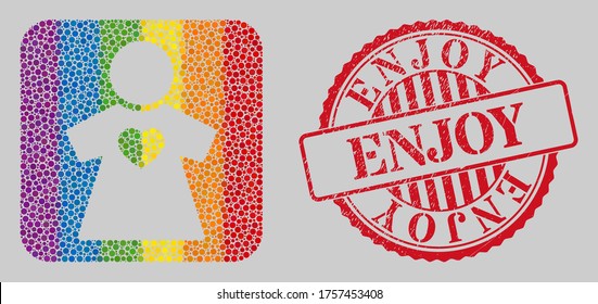 Scratched Enjoy watermark and mosaic girlfriend subtracted for LGBT. Dotted rounded rectangle mosaic is around girlfriend carved shape. LGBT rainbow colors.