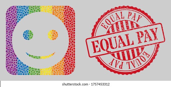 Scratched Equal Pay stamp seal and mosaic glad smiley stencil for LGBT. Dotted rounded rectangle collage is around glad smiley stencil. LGBT spectrum colors.