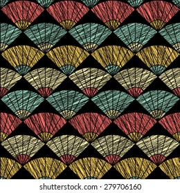 Scratched fan background. Based on Traditional Japanese Embroidery. Abstract Seamless pattern. Based on Sashiko stitching - uchiwa. Pastel colored backdrop.