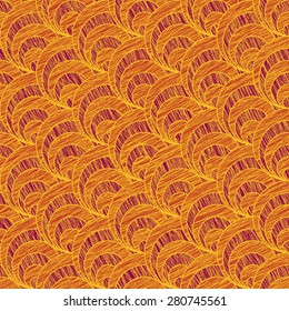 Scratched fan background. Based on Traditional Japanese Embroidery. Abstract Seamless pattern. Based on Sashiko stitching. Orange and red backdrop. Warm colors.  Stylized round texture.