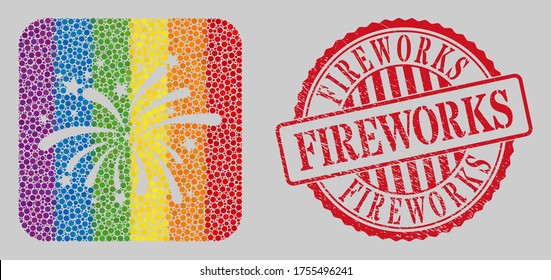 Scratched Fireworks stamp seal and mosaic fireworks stencil for LGBT. Dotted rounded rectangle mosaic is around fireworks stencil. LGBT spectrum colors.