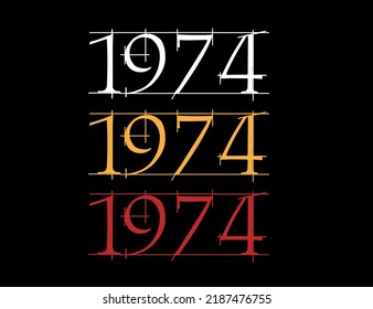 Scratched font year 1974. Numeral in white, orange and red on black background.