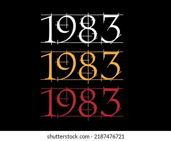 Scratched font year 1983. Numeral in white, orange and red on black background.