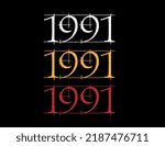 Scratched font year 1991. Numeral in white, orange and red on black background.