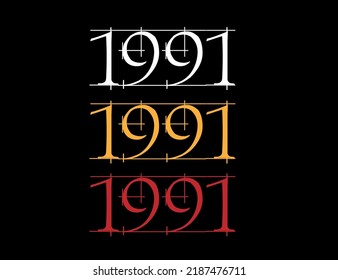 Scratched font year 1991. Numeral in white, orange and red on black background.