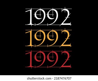 Scratched font year 1992. Numeral in white, orange and red on black background.