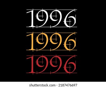 Scratched font year 1996. Numeral in white, orange and red on black background.