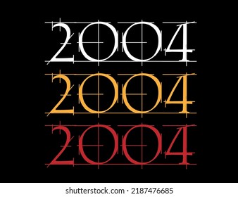 Scratched font year 2004. Numeral in white, orange and red on black background.