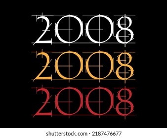 Scratched font year 2008. Numeral in white, orange and red on black background.