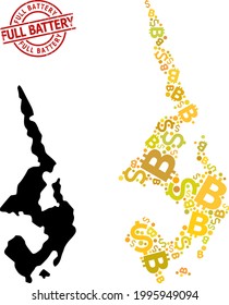 Scratched Full Battery stamp seal, and money collage map of Koh Phi Leh. Red round stamp seal contains Full Battery text inside circle. Map of Koh Phi Leh collage is made of currency, funding,