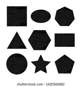 Scratched geometric figures. Set of nine Dark figures with distressed grunge texture isolated on white background. Vector illustration.