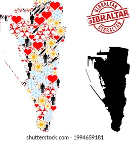 Scratched Gibraltar seal, and heart population inoculation mosaic map of Gibraltar. Red round stamp seal contains Gibraltar caption inside circle. Map of Gibraltar mosaic is organized from snow,