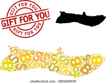 Scratched Gift for You stamp seal, and finance mosaic map of Molokai Island. Red round stamp seal has Gift for You tag inside circle. Map of Molokai Island mosaic is made from financial, dollar,