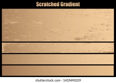 Scratched gold chrome metal texture vector icon set. Shiny golden brushed vector metallic gradient background for banner, label, medal, button. Grunge gold vintage abstract chrome gradient collection
