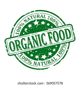 Scratched green round stamp with the inscription - 100% natural , organic food - vector