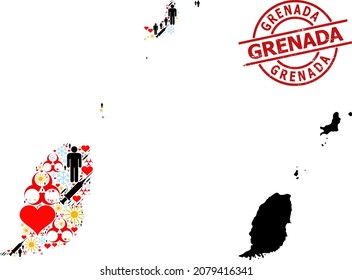 Scratched Grenada stamp, and heart humans Covid-2019 treatment mosaic map of Grenada Islands. Red round seal has Grenada title inside circle. Map of Grenada Islands mosaic is created with snow,