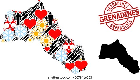 Scratched Grenadines badge, and heart people vaccine collage map of Kurdistan. Red round badge contains Grenadines tag inside circle. Map of Kurdistan collage is made of winter, weather, love, people,