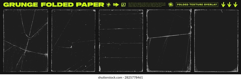 Scratched grunge folded old paper overlay texture with torn edges for retro and punk posters. Hand drawn vector distressed aged retro template with wrinkles and fold texture. Crease effect borders.