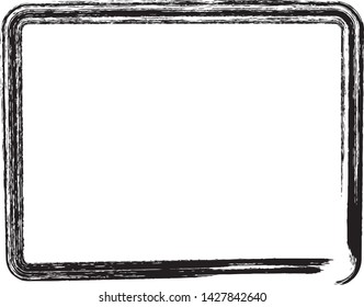 Scratched Grunge Frames. Urban Background Texture Vector. Brush Stroke Overlay. Distressed Grainy Grungy Framing Effect. Distressed Backdrop Vector Illustration. Black isolated on White Background.