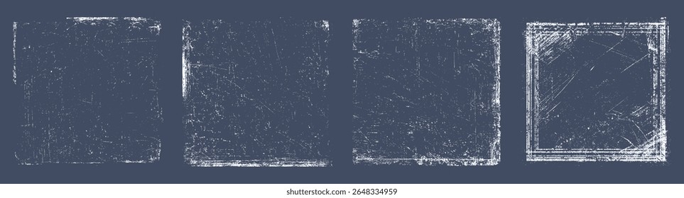 Scratched grunge photo frame overlays with distressed edges. High-contrast square borders for vintage textures.
