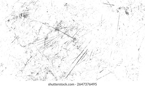 Textura grunge arranhado com manchas de tinta escura sobre fundo branco. Superfície danificada abstrata com ruído de poeira. Sobreposição desgastada de alto contraste.
