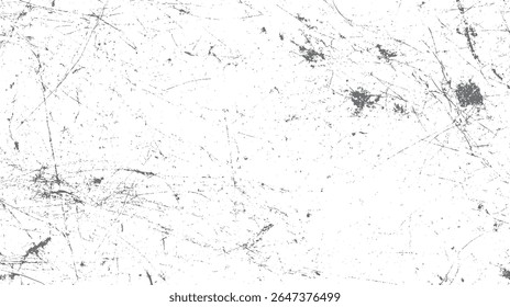 Scratched grunge texture with dark ink specks on white background. Abstract damaged surface with dust noise. High contrast worn overlay.
