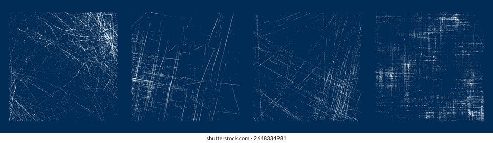 Scratched grunge texture overlays on deep blue background. Abstract distressed white linear texture set.

