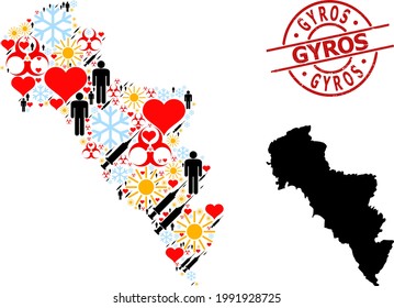 Scratched Gyros seal, and heart man virus therapy collage map of Greece - Andros Island. Red round seal includes Gyros text inside circle. Map of Greece - Andros Island collage is designed of frost,