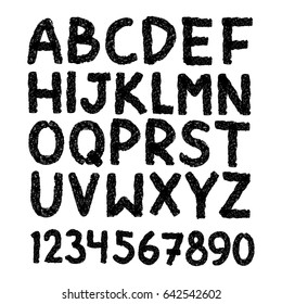 Scratched hand drawn letters and numbers font. bold comic modern marker lettering. Grunge font, Sans serif. Vector design. Isolated on white background. alphabet ink, brush. calligraphy, black