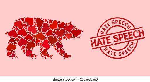 Scratched Hate Speech stamp seal, and red love heart mosaic for bear. Red round stamp seal contains Hate Speech title inside circle. Bear mosaic is created with red valentine elements.