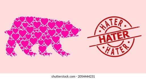 Scratched Hater stamp seal, and pink love heart pattern for bear. Red round stamp seal includes Hater tag inside circle. Bear collage is constructed from pink romance elements.