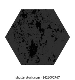 Scratched hexagon. Dark figure with distressed grunge texture isolated on white background. Vector illustration.