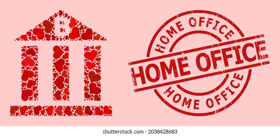 Scratched Home Office stamp, and red love heart mosaic for bitcoin bank. Red round badge includes Home Office text inside circle. Bitcoin bank mosaic is created with red wedding icons.