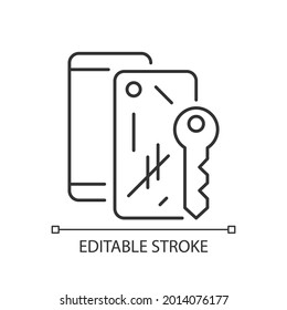 Scratched Housing Linear Icon. Damaged Mobile Phone Case And Housing. Removing Scratches. Thin Line Customizable Illustration. Contour Symbol. Vector Isolated Outline Drawing. Editable Stroke