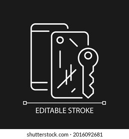 Scratched housing white linear icon for dark theme. Damaged mobile phone case and housing. Thin line customizable illustration. Isolated vector contour symbol for night mode. Editable stroke