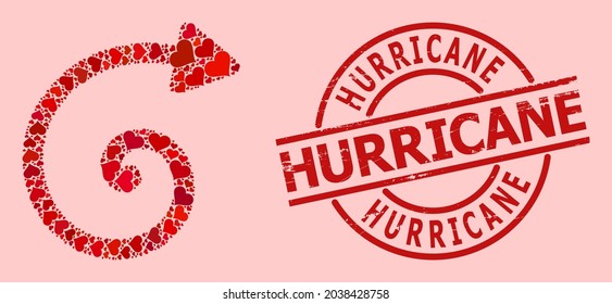 Scratched Hurricane badge, and red love heart mosaic for spiral arrow. Red round badge has Hurricane caption inside circle. Spiral arrow mosaic is constructed of red dating elements.