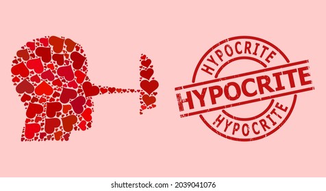 Scratched Hypocrite badge, and red love heart mosaic for liar mask. Red round seal contains Hypocrite caption inside circle. Liar mask mosaic is created of red valentine icons.