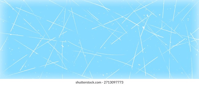 Scratched ice surface texture. Blue icy background with skate traces, cracks, scratches. Rough winter sport rink backdrop. Frozen lake or pond water wallpaper with dots, spot, lines, cuts. Vector