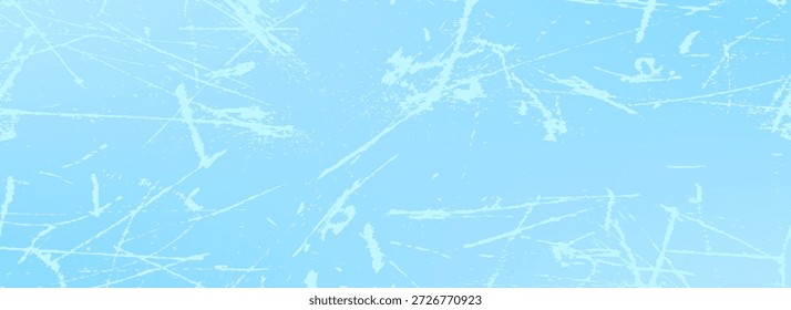 Scratched ice surface texture. Blue icy background with skate traces, cracks, scratches. Rough winter sport rink backdrop. Frozen lake or pond water wallpaper with dots, spot, lines, cuts. art
