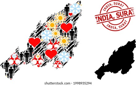 Scratched India, Surat stamp, and winter demographics syringe collage map of Nagaland State. Red round stamp has India, Surat title inside circle. Map of Nagaland State collage is made from winter,