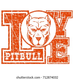 Scratched inscription love pitbull with head dog.