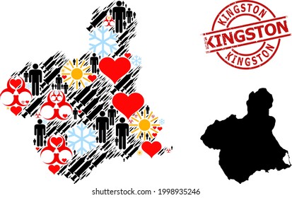 Scratched Kingston seal, and heart customers inoculation collage map of Murcia Province. Red round stamp seal includes Kingston tag inside circle.