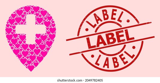 Scratched Label stamp seal, and pink love heart mosaic for clinic map pointer. Red round stamp seal contains Label caption inside circle. Clinic map pointer mosaic is made of pink dating symbols.