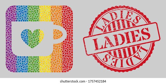 Scratched Ladies seal and mosaic lovely cup stencil for LGBT. Dotted rounded rectangle mosaic is around lovely cup cut out shape. LGBT spectrum colors. Red rounded rubber seal with Ladies message.