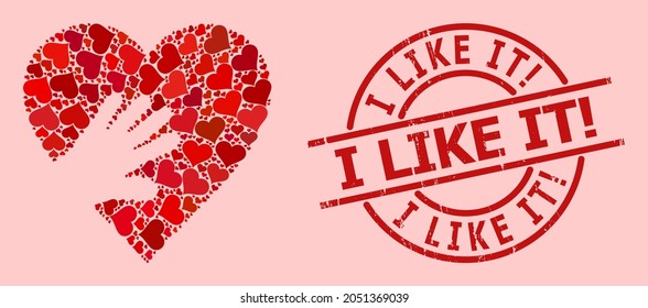 Scratched I Like It Exclamation. stamp seal, and red love heart collage for hand touch heart. Red round stamp seal has I Like It Exclamation. tag inside circle. Hand touch heart collage is organized