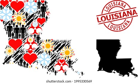 Scratched Louisiana badge, and heart man syringe mosaic map of Louisiana State. Red round badge contains Louisiana tag inside circle. Map of Louisiana State mosaic is done from winter, spring, heart,