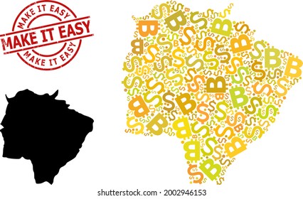 Sello Make It Easy y mapa de collage de dinero del estado de Mato Grosso do Sul. El sello rojo redondo contiene la leyenda Make It Easy dentro del círculo.