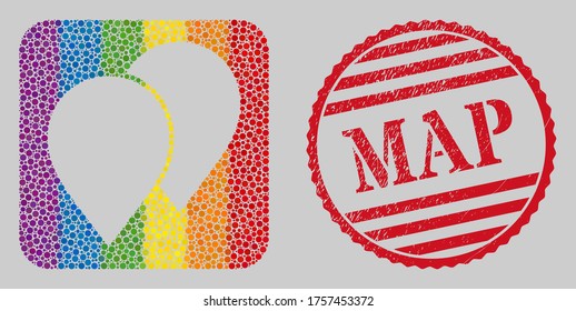 Scratched Map stamp seal and mosaic map pointers subtracted for LGBT. Dotted rounded rectangle mosaic is around map pointers subtracted space. LGBT spectrum colors.