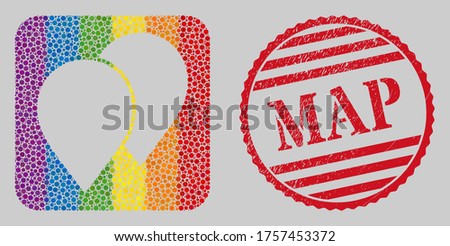 Scratched Map stamp seal and mosaic map pointers subtracted for LGBT. Dotted rounded rectangle mosaic is around map pointers subtracted space. LGBT spectrum colors.